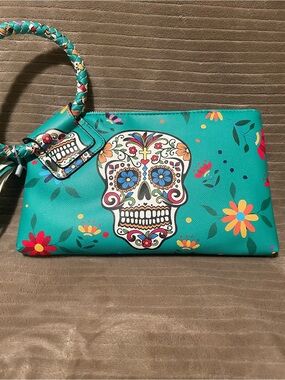 Turquoise Floral Sugar Skull Wristlet Clutch - Mexican Día de los Muertos